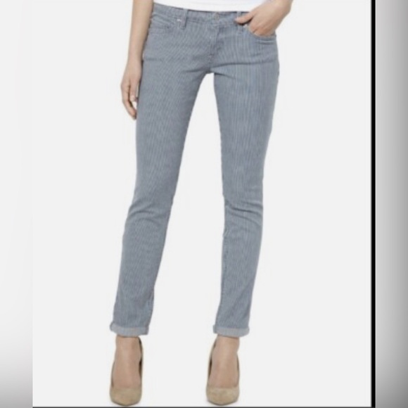Levi's 524 Engineer Superlow Skinny Blue/White Striped Denim Jeans Women's 33/32 - Picture 1 of 11